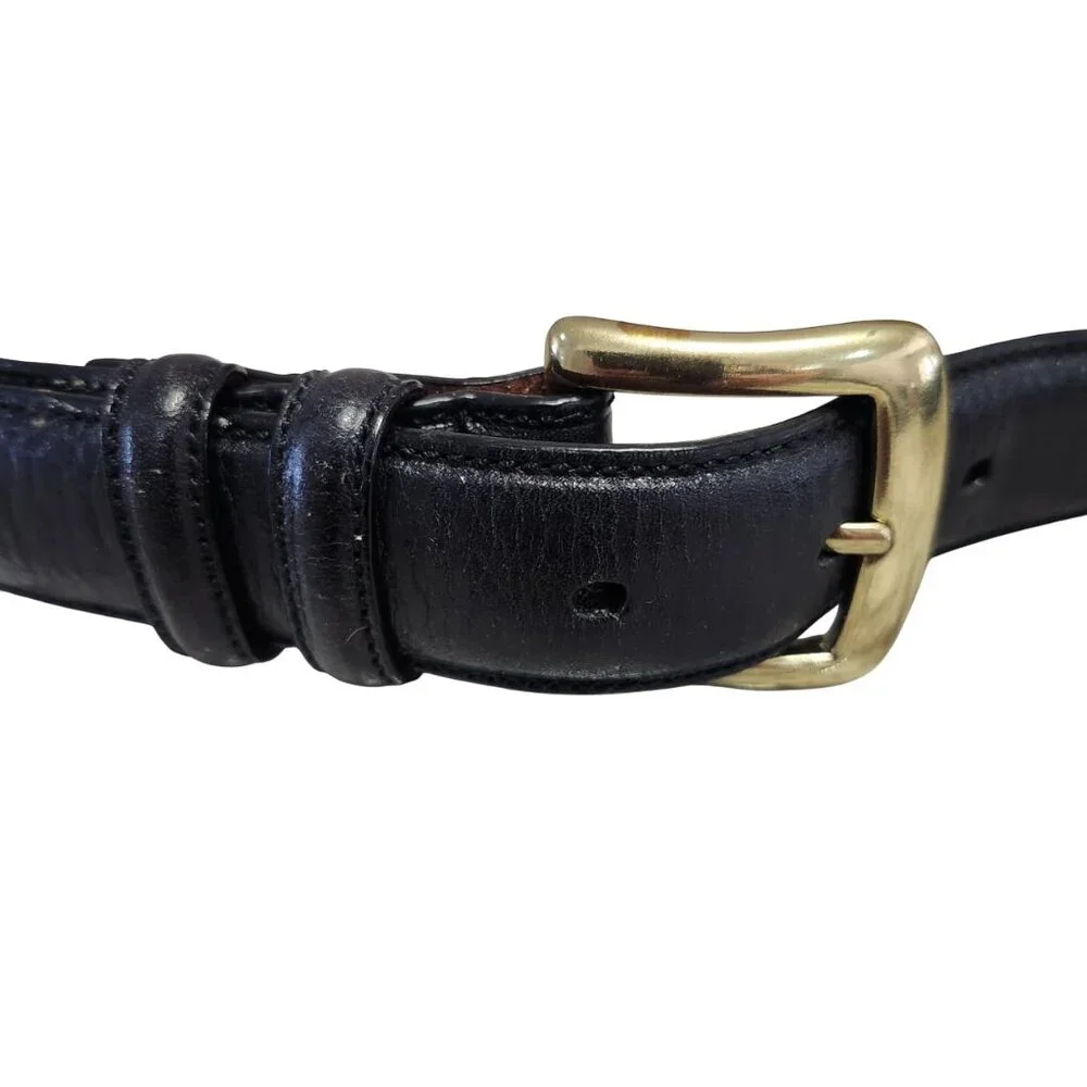 Roundtree and Yorke Leather Belt Mens Full Grain Cowhide Black Gold Tone Buckle